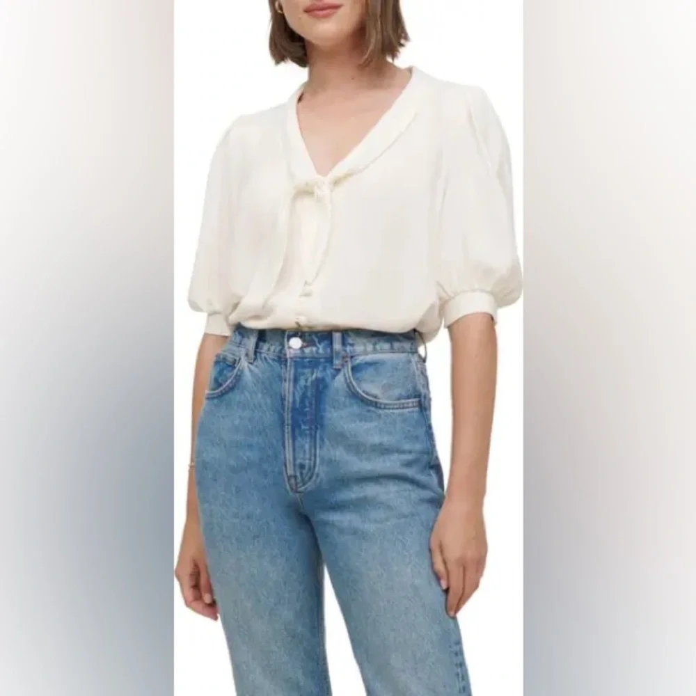 New Reformation Joelle Tie Neck Button-Up Blouse in Gossamer ✨🔥🔥 no 🏷️ XS